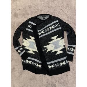 BCBG Cardigan Sweater Top Aztec Knit Open Drape Front Black Silver Long Sleeve S